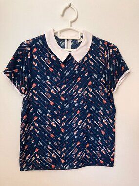 Simons Twik Navy Arrow Feather Print Top | Peter Pan Collar | Size S